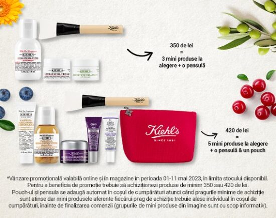 Kiehl’s 3 sau 5 mini produse la alegere plus o pensula si un pouch